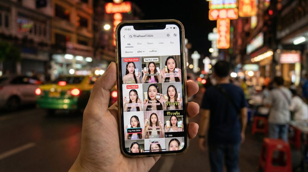 หน้าจอค้นหา TikTok คำว่า รีวิวสกินแคร์ 2026 บนมือถือ