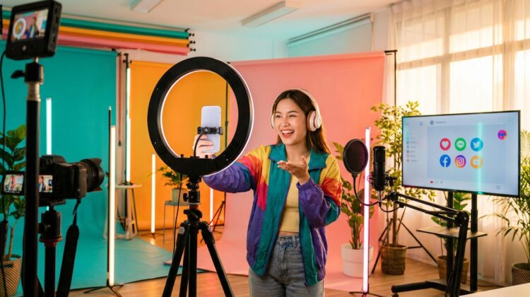 หญิงสาวมีความสุขกับการสร้างวิดีโอ TikTok ในสตูดิโอที่สว่างสดใส